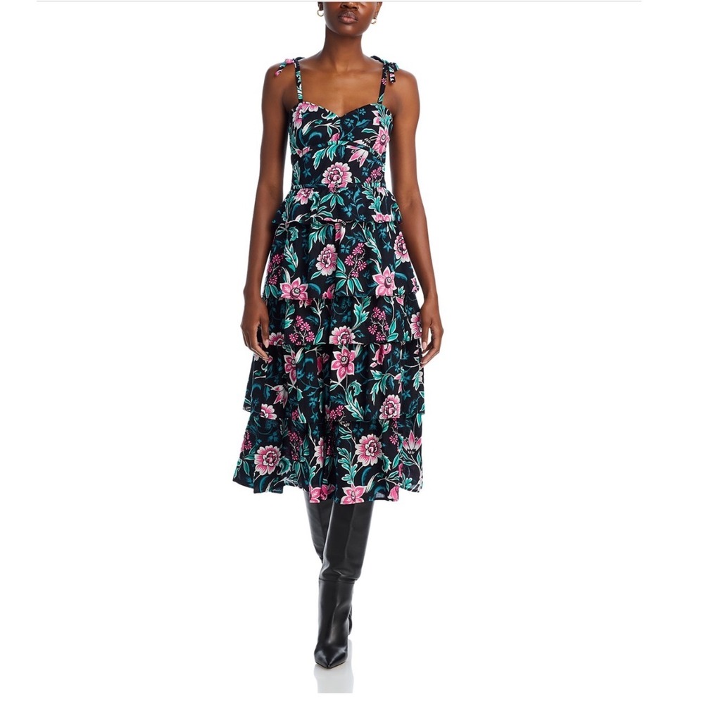 Banjanan Ramona Floral Tiered Ruffle Midi Dress Black Pink Green Size Small